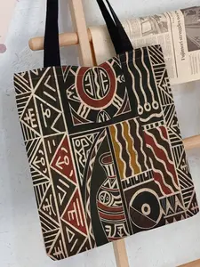 Vintage African Art Geometric Pattern Canvas Bag, Teen Shopping Bag, Durable, Suitable for Daily Use and Beach, Spacious Design, Classic Style