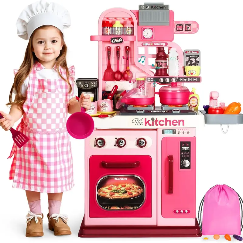 53Pcs Play Kitchen Set - 27.1in Pink Unisex Ready-to-Play Kitchen & Food Toys, Pretend Cooking Set with Sound, Light, Interactive Knobs, Realistic Stove, Toy Sink, Gift for 3+ Kids (Holiday/Birthday Deals)