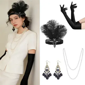 4 pcs Retro Roar 1920s Official Accessory Set - Black Feather Headpiece, Earrings, Long Gloves, and Pearl Necklace, Suitable for Gatsby themed parties, retro ball outfits, and 1920s themed celebrations