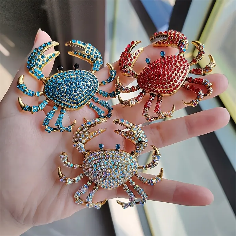 Sparkling Rhinestone Crab Brooch - Turquoise/Red/Gold - Inlaid Pin for Women's Jackets, Dresses, Party and Casual Outfits - Vintage Clothing Gift (No Plating, Suitable for All Seasons)