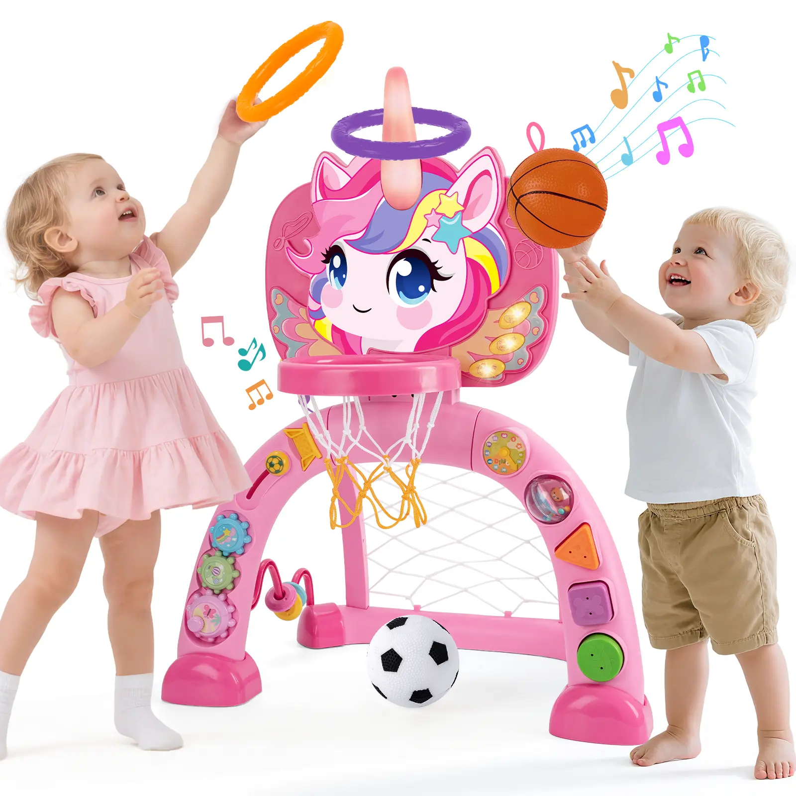 Toddler Basketball Hoop and Soccer Goal: Unicorn-Shaped 10-in-1 Multi-Functional Baby Activity Center—Suitable for infants aged 12–18 months and boys and girls aged 1–3 | Indoor/Outdoor Birthday Gift