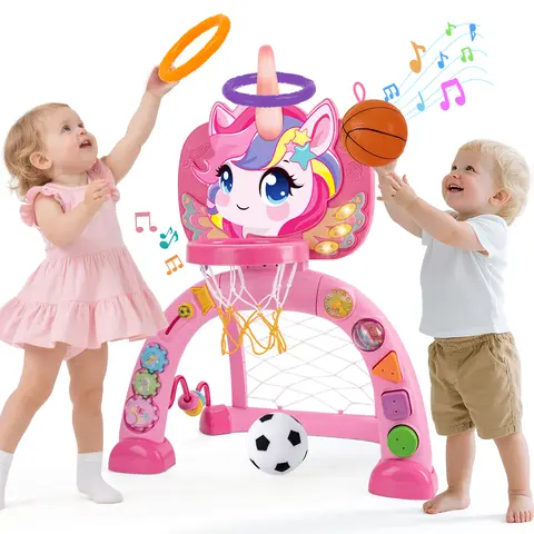 Unicorn-Shaped 10-in-1 Toddler Basketball Hoop & Soccer Goal Toy - Food-Safe, Nursery Rhymes, 1-3 Years Early Learning, Number Recognition, Indoor/Outdoor Activity Center, Baby Items, Kids Toys, Kids Learning Materials, 12-18 Months Birthday Gift
