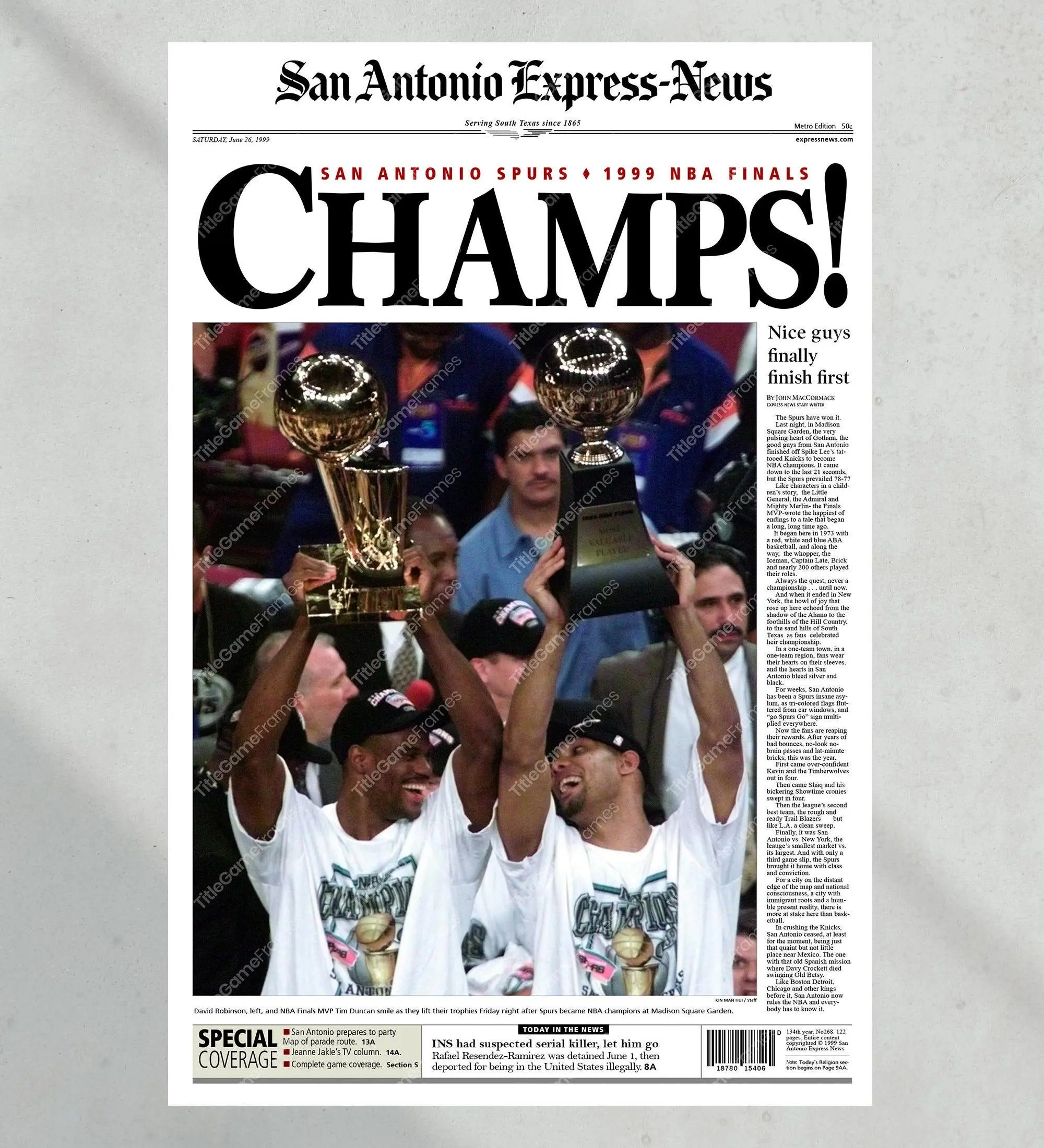 1999 San Antonio Spurs Unframed Poster Cover Print David Robinson and Tim Duncan