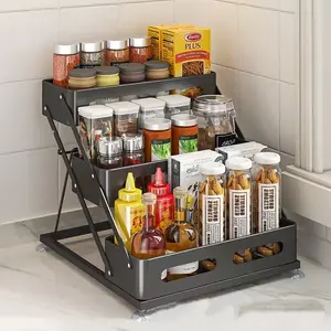 3 Tier Foldable Spice Rack Organizer for Kitchen Countertop Cabinet Storage Durable Metal Space Saving Pantry Shelf