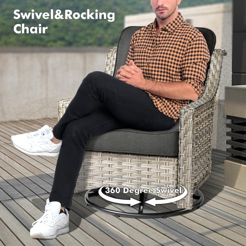 【4 Packages Shipping】Ovios 5 Pieces Outdoor Patio Furniture with 3-Seat Sofa,Rattan Wicker Coversation Set with Swivel Rocking Chair,Balcony Sofa Set with Shiny Solar Powered Coffee Table for Outside Porch Backyard PooL