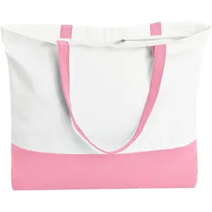 1 Pack Zippered Canvas Tote Bag, Blank Reusable Washable Large Tote with Inner Pocket, Ideal for Shopping Travel DIY Heat Transfer, Christmas Craft Gift (Pink/White)