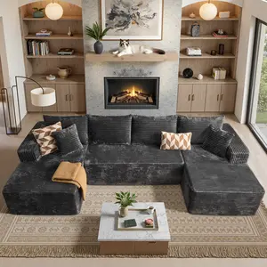POUUIN 135" U-Shaped Cloud Velvet Corduroy Upholstered Modular Sectional Sofa - Fixed Arms, Plush Finish, Chaise, Pre-Assembled Indoor Living Room Furniture, Corduroy Upholstered Sectional, U Shaped Sofas