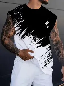 Men's Sleeveless T-Shirt Summer New Ink Splatter Print Slim Fit Vest Fashion Casual Sports Leisure Top