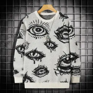 Men's Eye Pattern Round Neck Sweater Regular Fit Casual Long Sleeve Round Neck Sweater Autumn/Winter Soft Knitted Daily Wearing Pattern Eye Pattern Fashion Men's Top Fabric Office Round Neck Jacquard Knitted Sweater Large Pattern