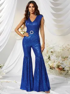 Elegant Summer Women's Jumpsuit with Sequins, Womenswear Stylish Slim Fit Fitted Jumpsuit for Parties and Gatherings, Must-Have Fashion Style Piece