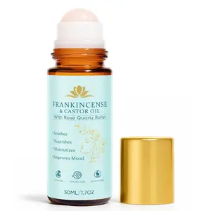 Frankincense and Castor Oil, Castor Oil Roll On with Rose Quartz, 100% Pure, Organic, Cold-Pressed, Firms Skin, Reduces Fine Lines & Hormone Balance, Suitable for Face, Neck, Abdomen, 50ML/1.7OZ