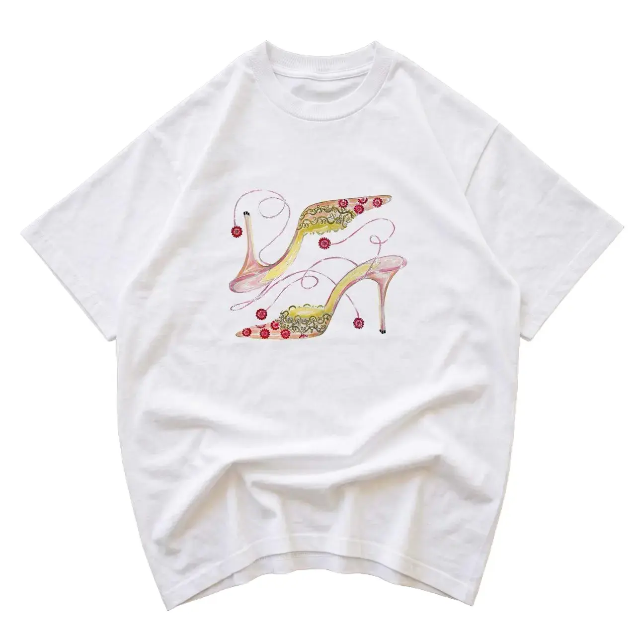 High Heel Graphic Tee, Y2K Vintage Fashion T-Shirt, Elegant Floral Shoe Artwork Shirt, Retro Aesthetic Unisex Cotton Top, Stylish Gift for Women