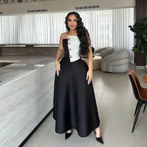 Color Block Tube Top + High Waist A-Line Skirt Elegant Lightweight Dress Two-Piece Set Women's Clothing