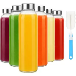 18oz Glass Water Bottle Set of 6, Clear Glass Juice Bottle for Juicing, Reusable Drinking Bottles with Stainless Steel Lid, BPA Free Leak Proof Beverage Storage Containers for Refrigerator