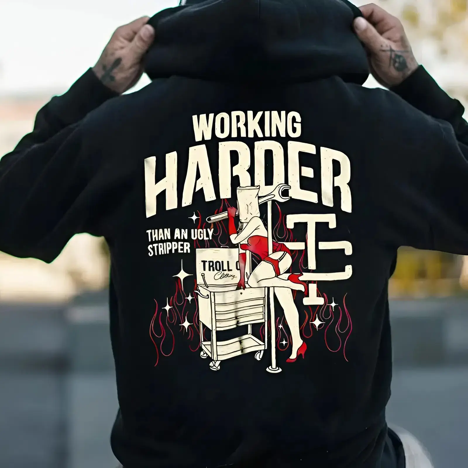 Troll Co Working Harder Than An Ugly Stripper T-shirt Sweatshirt Hoodie, Trending Mechanic Unisex Shirt, Back Side Printed Streetwear, men shirt, Funny shirt, vacation outfit, summer outfit, trendy casual wear, graphic tee, gift for men
