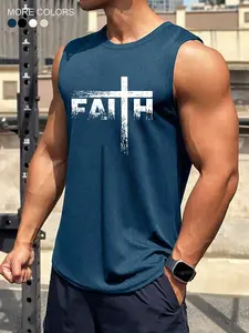 Men's Letter Print Round Neck Tank Top, Regular Fit Casual Comfy Cross Graphic Sleeveless Top for Summer, Men's Clothes for Gym Workout Running, Gym Tees