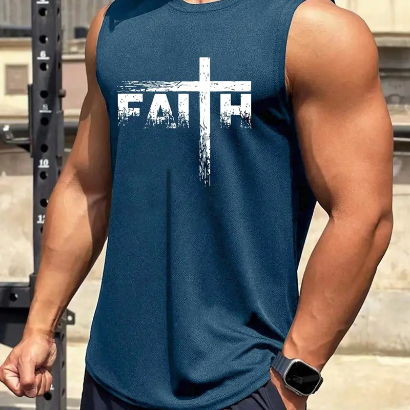 Men's Letter Print Round Neck Tank Top, Regular Fit Casual Comfy Cross Graphic Sleeveless Top for Summer, Men's Clothes for Gym Workout Running, Activewear Athletic, Gym Tees