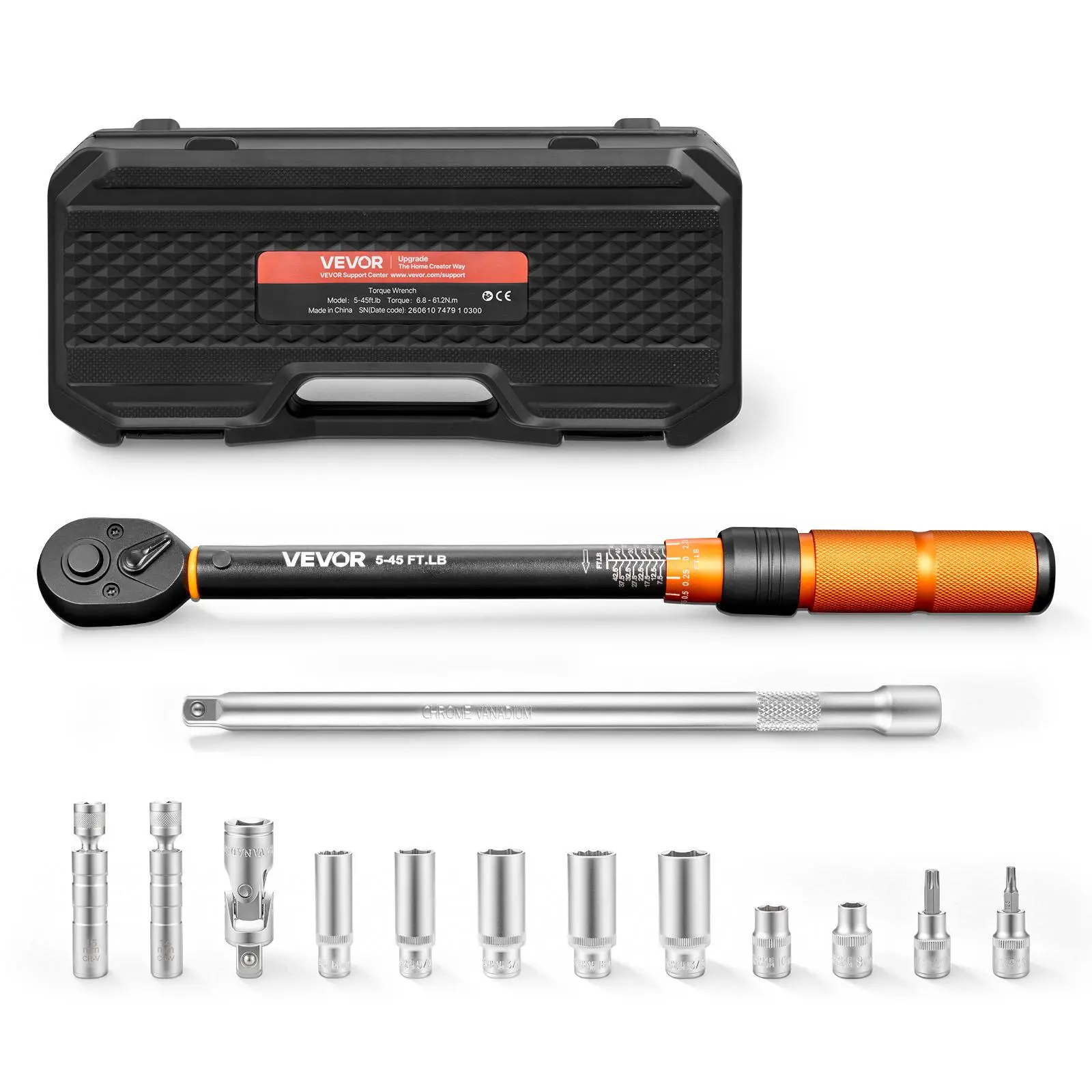【summerfinds】VEVOR Torque Wrench 3/8-inch Drive Click Torque Wrench Dual Scale Readings, 5-45 lbf-ft / 6.8-61.2 N.m, ±3% High Precision, with Spark Plug Sockets, Bits, Universal Joint, Extension Bar, Storage Case