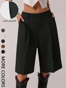 Women's Casual Solid Color Pants with Pockets, Fitted H-Type Shorts, Plain Pattern, All Seasons, Comfortable and Stylish, Womenswear