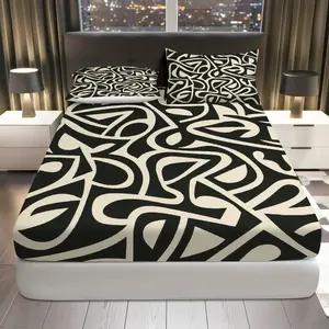 3Pcs Abstract Geometric Modern Fitted sheet Three Piece Set (1*Fitted Sheet+2*Pillowcases, Coreless), Modern theme, Black and White Pattern Bedding Set, Mattress protector Soft, Breathable