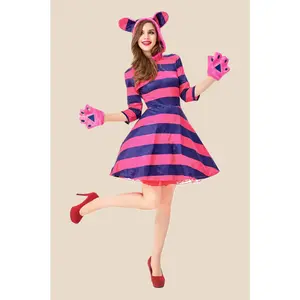 Alice in Wonderland Smiling Purple Striped Cat Cosplay Costume, Polyester Fabric Clothes with Style Accessories for Halloween