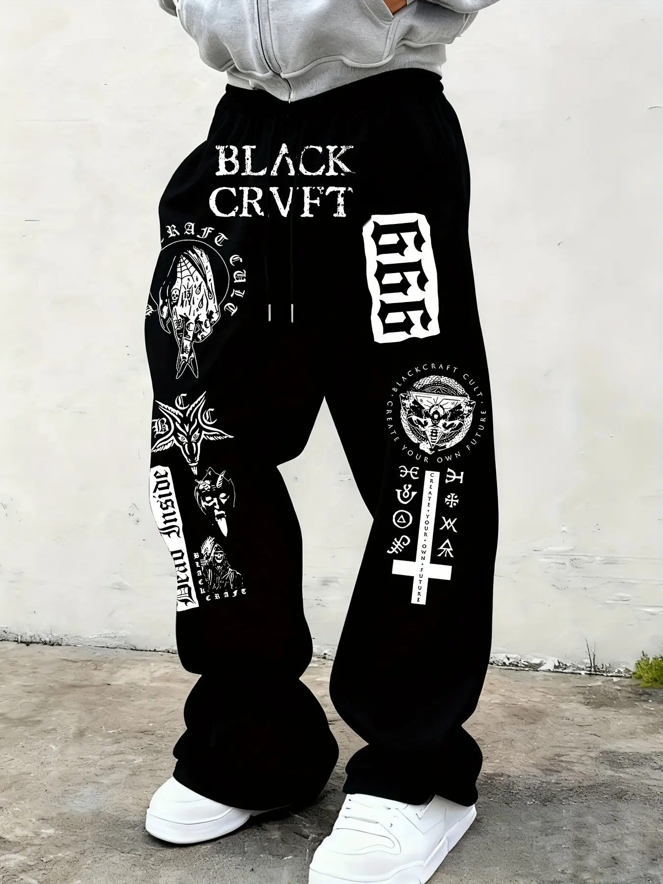 Unisex Trendy Dark Aesthetic Graphic Sweatpants, Body with Gothic Print Details, Loose Wide Leg, Casual Streetwear Trousers, Casual Style Bottoms