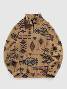 ZAFUL Mens Sweatshirt Vintage Quarter Zip Pullover with Pocket Fleece Unisex Western Aztec Faux Fur Sherpa Top