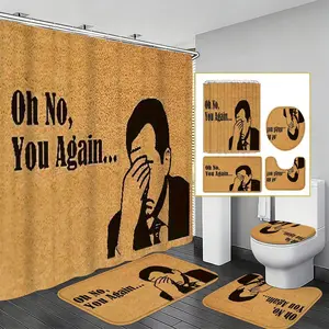 Funny Face Covering Bathroom Set, Retro American Style Waterproof Shower Curtain & Non-Slip Absorbent Mat, Humorous Bath Decor for Bathroom, Dormitory, Shower Curtain Sets