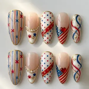 RT3 Patriotic Heart Press-On Nails, Red White Blue Stripe and Polka Dot Design with Pearl Accent, Coquette USA Style, 4th of July Handmade Nails, Summer Holiday Gift for Her