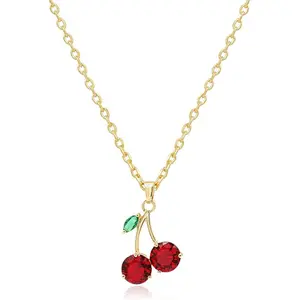 Personalized Red Crystal Cherry Fruit Earring Pendant Necklace for Women Creative Cute Summer Tropical Fruit Basket Choker Sweet Shining Green Leaf Ruby Red Cherry Stud Earrings