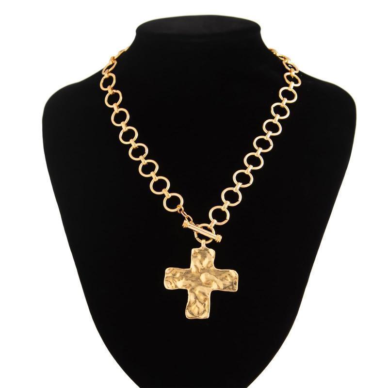 Gold Chunky Cross Necklace for Women Statement Cross Pendant Necklace Layered Hammered Bold Cross Necklace Vintage Toggle Clasp Necklace Jewelry