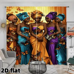 2D Flat 2Pcs African Art Butterfly Print Curtains Elegant Traditional Dresses Pattern Rod Pocket Design Semi Sunshade Polyester Living Room Bedroom Balcony Kitchen Window Decor Privacy Protection Window Decorations Supplies