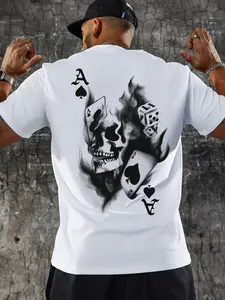 1pc Men's White Skull Graphic T-Shirt Ace of Spades & Dice Flame Print Heavyweight Cotton Short Sleeve Hip Hop Streetwear Casual Urban Tee