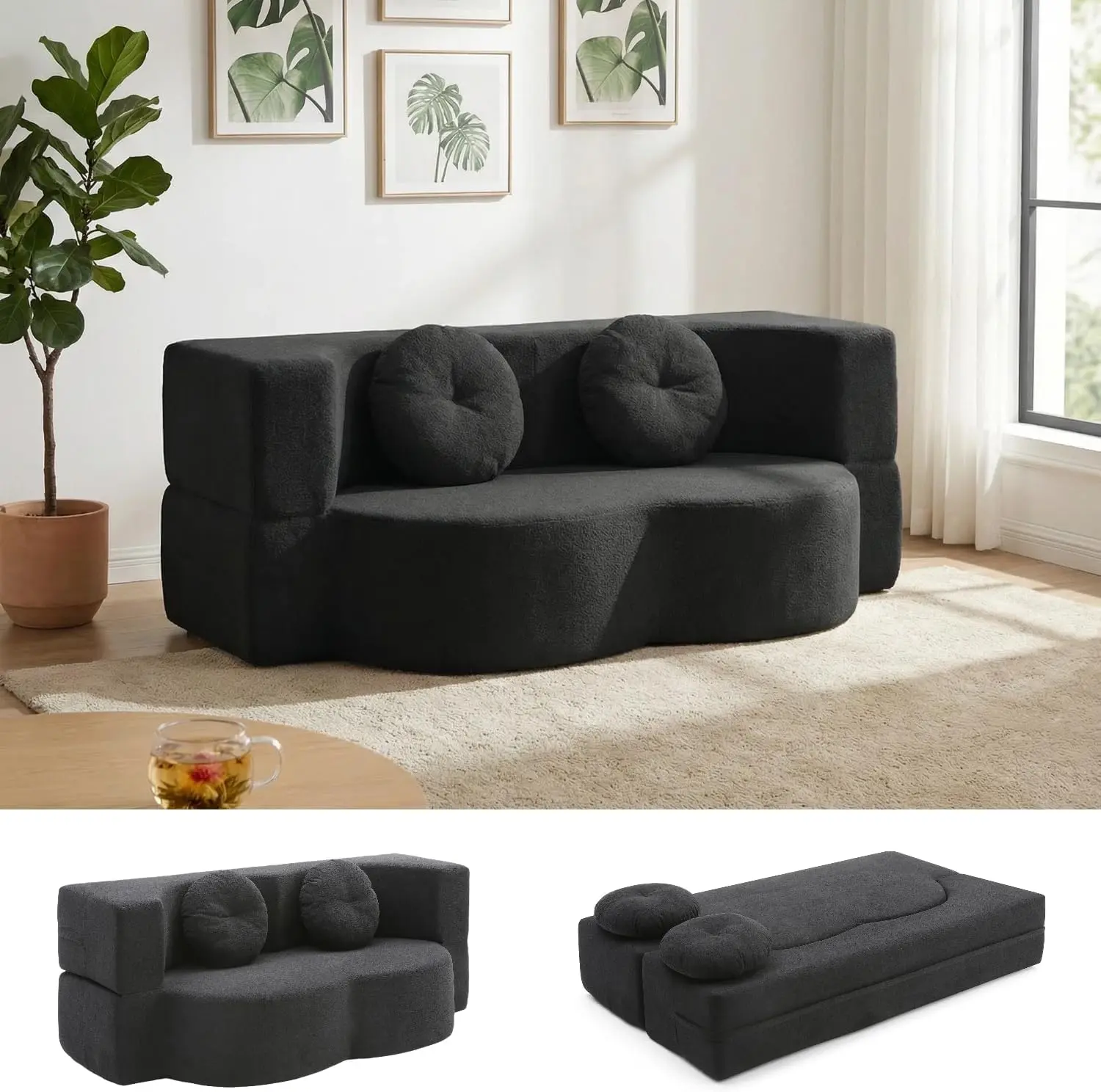 76" Convertible Folding Sofa Bed, 2-in-1 Twin Size Loveseat Sleeper Couch Bed with Two Pillows, Foldable Space-Saving | Design for Dorms Apartments Bedroom,No Assemble(Black)