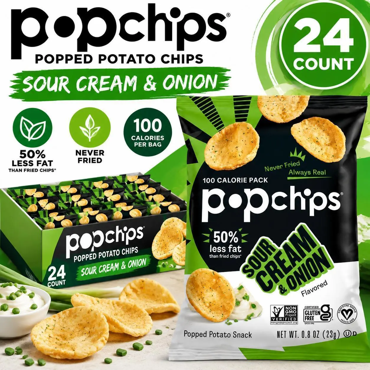 Popchips Popped Potato Chips, Sour Cream and Onion Flavor, 0.8 oz Crispy Light Crunchy Snack Bags, 24 Count, 24 Bags