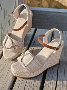 2026 New Women's Woven Platform Wedge Two Strap Sandals, Natural Linen Fabric, Comfortable Wedge Heel, Non-Slip Sole For Commute & Holiday
