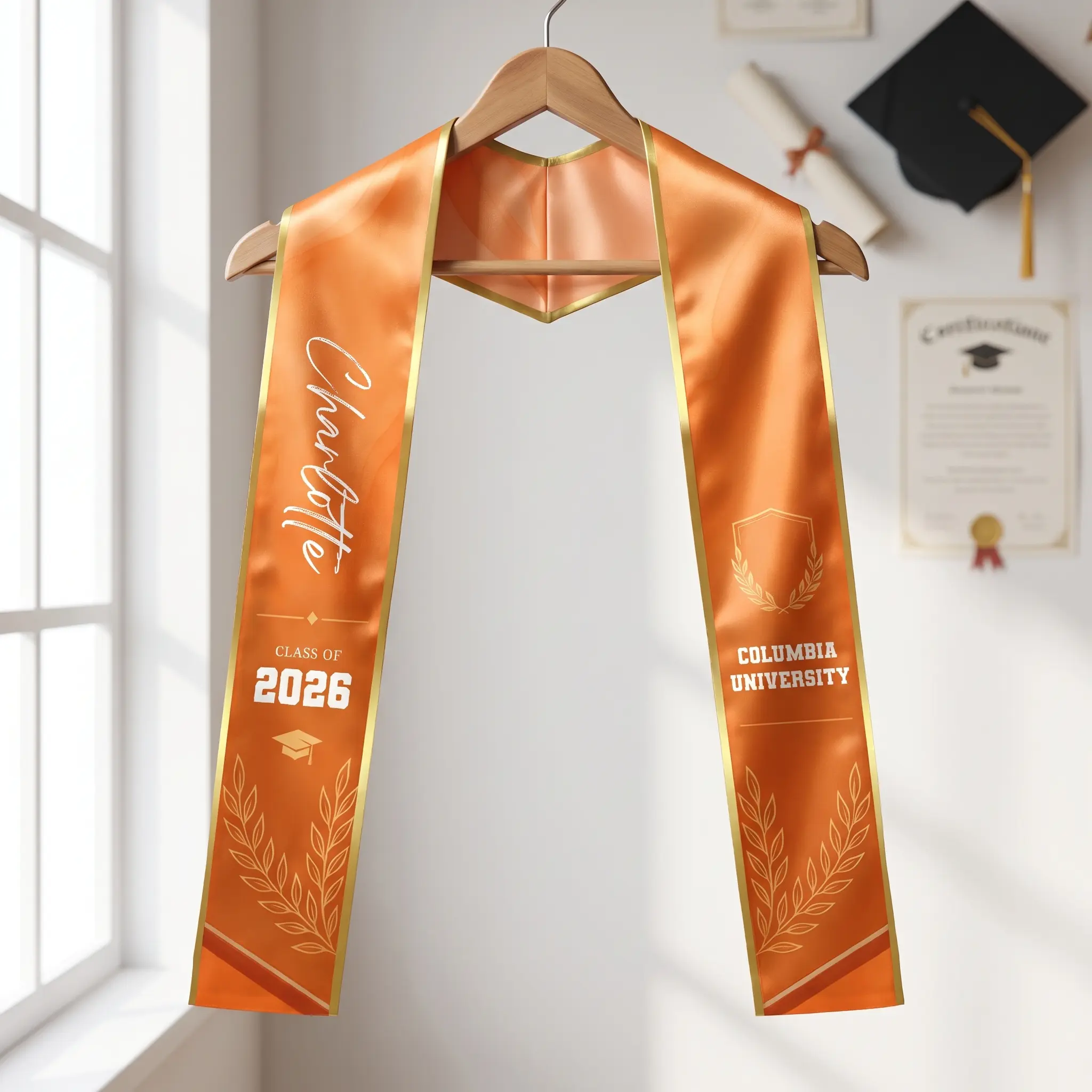 Personalized Orange Graduation Stole with Graduation Cap – Custom Name