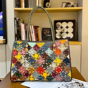 Genuine Leather Handbag with Floral Patchwork Color Blocking Casual Large Capacity Single Shoulder Crossbody Women's Bag