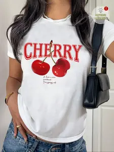 Women's Cherry Print Round Neck Tee, Casual Short Sleeve Crew Neck T-shirt for Summer, Fashion Women's Top for Daily Wear