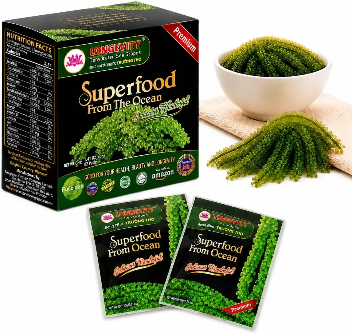 LONGEVITY Organic Dehydrated Sea Grapes Lato 1.4oz x 2 Pack, Umibudo Seaweed Caviar, Crispy Vegan Keto Snack, Sushi & Salad Topping