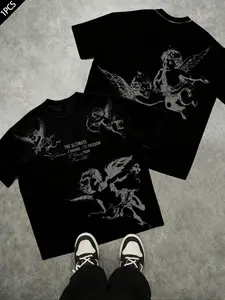 Men's Loose Fit Fashion Print T-Shirt, Casual Daily Wear, Angel Cupid Pattern, All Seasons, Unisex, Youth Street Style