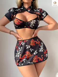 【EasDoing】4 Pieces Black Base Red Dragon Print Chinese Qipao Style Lingerie Set Sexy Push Up Bra and Slit Skirt Set with Short Sleeve Shrug Boudoir Photoshoot Vibe Spicy Girl Cosplay Lingerie Four Piece Set