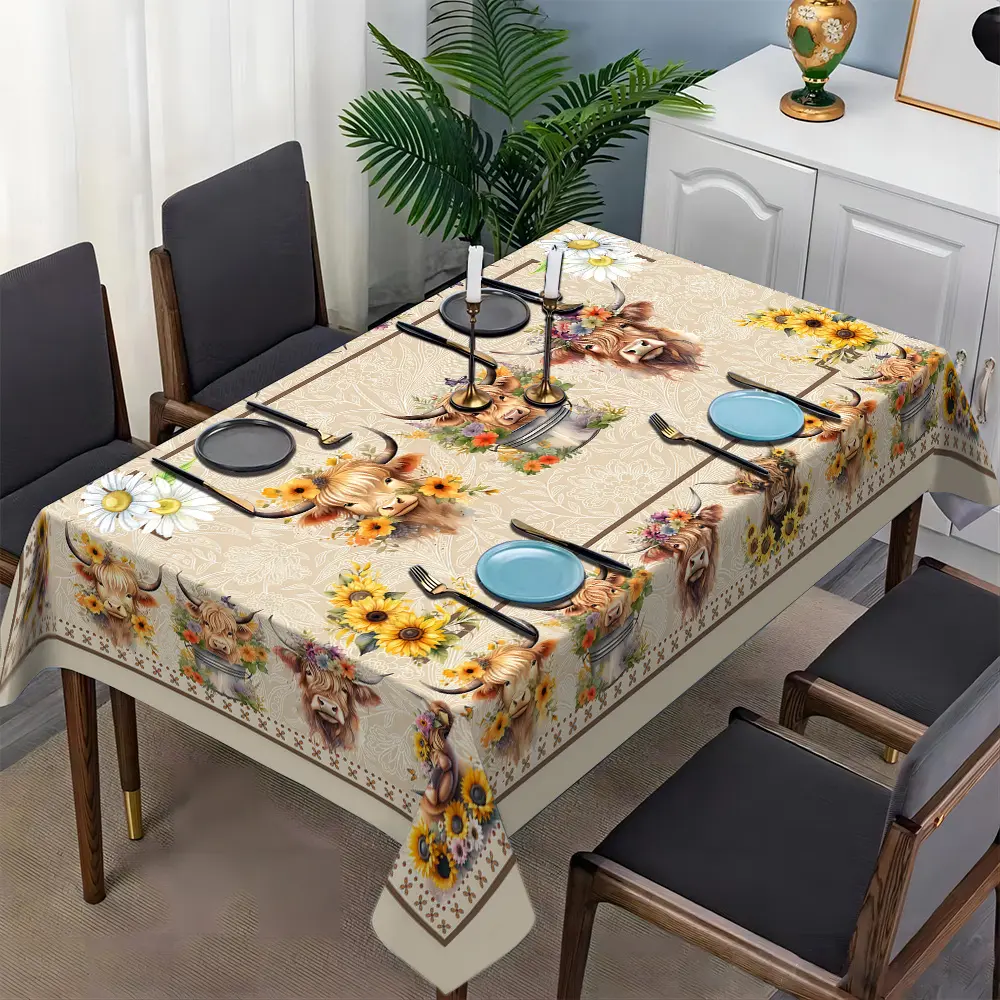 1 piece, floral Highland cow, vintage-style pattern, warm and cute patterned tablecloth, square tablecloth, home holiday party decoration, kitchen and dining tablecloth, exquisite and durable, a home essential, Table Linen
