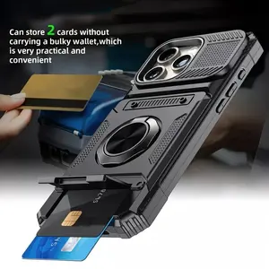 Military Grade Shockproof Phone Case for iPhone 13 14 15 16 17 Pro Max, Slide Camera Lens Protector Cover with Hidden Card Slot Storage, Built-in Rotatable Ring Kickstand Holder,  Heavy Duty Anti-Drop Rugged Protective Case