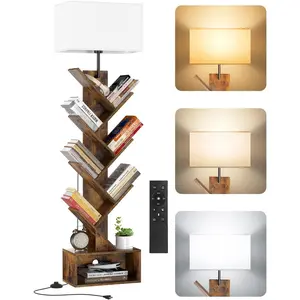 8 Tier Tree Bookshelf with Lamp, Remote & Timer, Modern Tall Floor Standing Book Shelf, Narrow Wood Bookcase, Small Book Organizer Shelves for Living Room, Bedroom, Office (Rustic Brown)