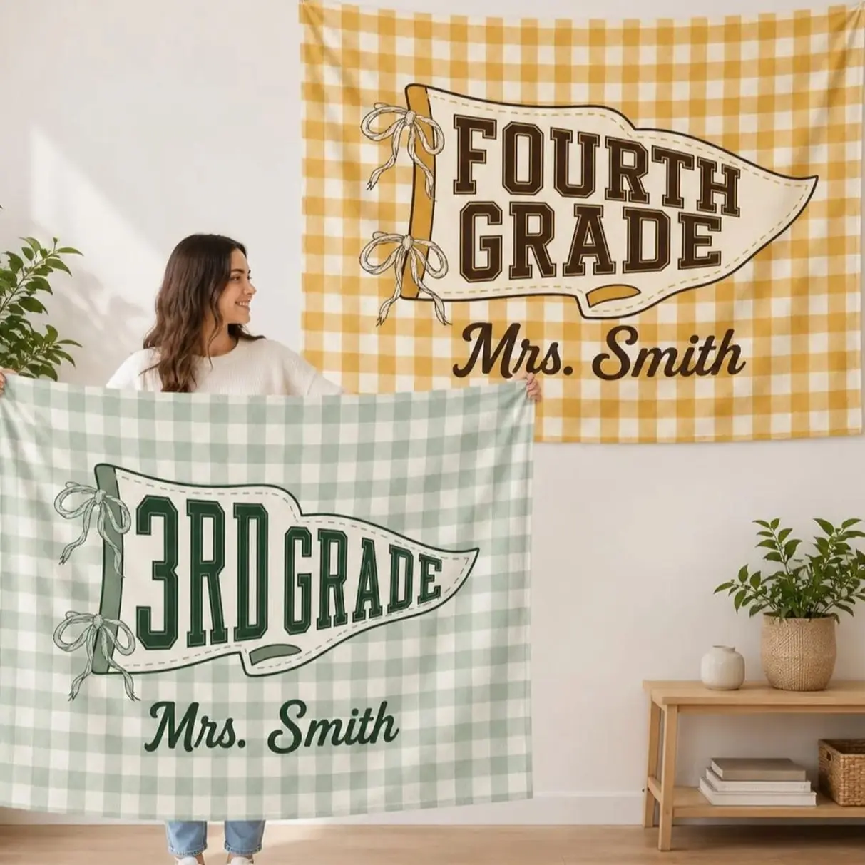 Personalized Grade Tapestry: Classroom Pennant Wall Banner with Teacher Name, Gingham Style Options