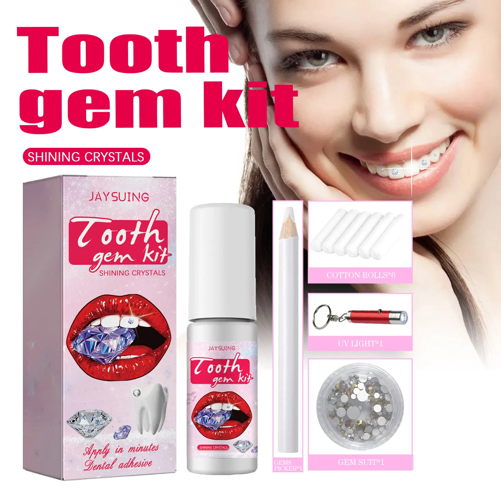 DIY Tooth Gem Set, Professional Tooth Crystal Jewelry Kit, Includes UV glue, glow pen, cotton roll, various sizes of sequins, long-lasting tooth gems, suitable for party, festival smile decoration