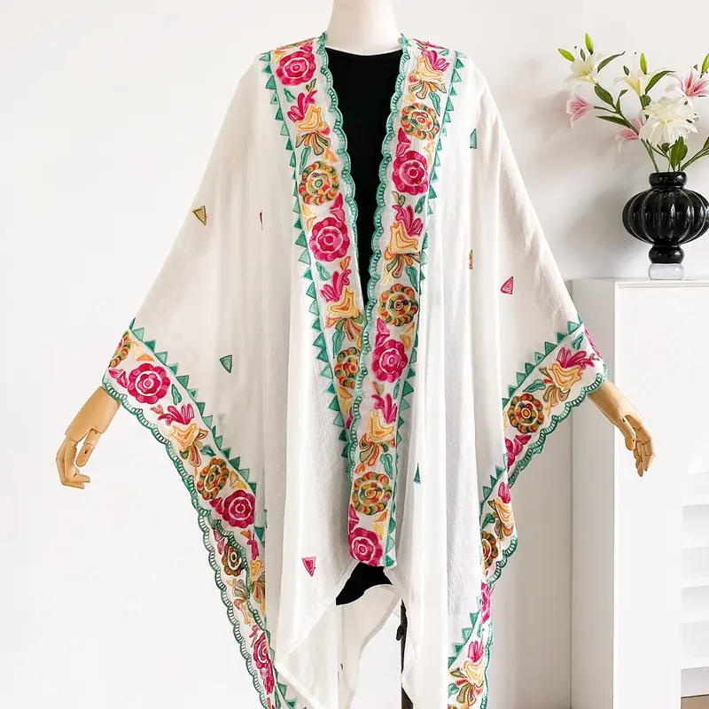 Boho Geometric Embroidered Split Shawl, Loose-Fit Scarf, Boho Style Scarf, Boho Shawl Wrap for All Seasons, Perfect for Beach Vacations, Commutes, and Dates