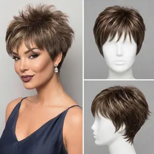 Doris —WIGYY Short Pixie Cut Wig, Glueless Short Lace Front Synthetic Wig with Bangs, Medium Golden Brown&Gray, Natural Look, Lightweight Heat-Resistant Protein Fiber Daily Wig