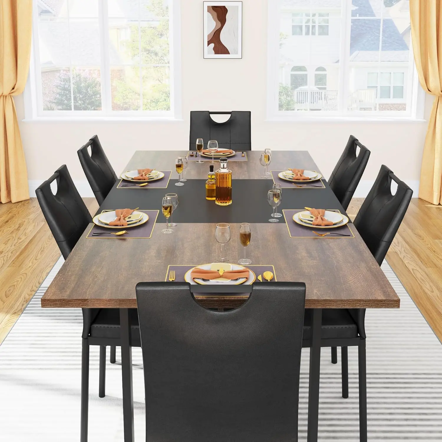 70IN Large Dining Table for 4 5 6 People,White Kitchen Dinner Table W/Marble-Color Wood Waterpoof Tabletop,Rectangular Family 6FT Dining Tables w/Adjustable Leg for Office Home Living Dining Room